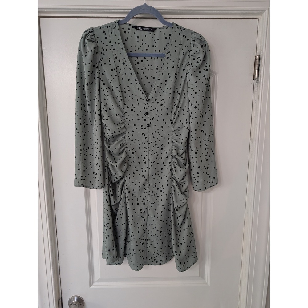 Zara Womens Sage Green Polka Dot Mini Dress Puffed Sleeve Small Parisian cottage